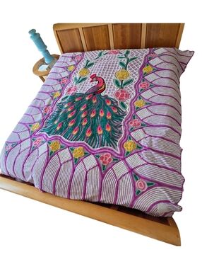 Vintage Chenille Peacock Bedspread Purple 98" x 88" Lavender